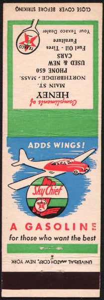 Vintage matchbook cover TEXACO SKY CHIEF GASOLINE airplane Heney Northbridge MA