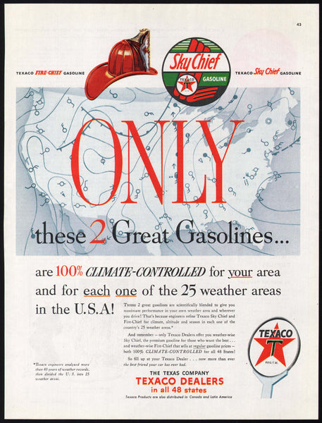 Vintage magazine ad TEXACO SKY CHIEF GASOLINE 1953 firemans helmet pictured