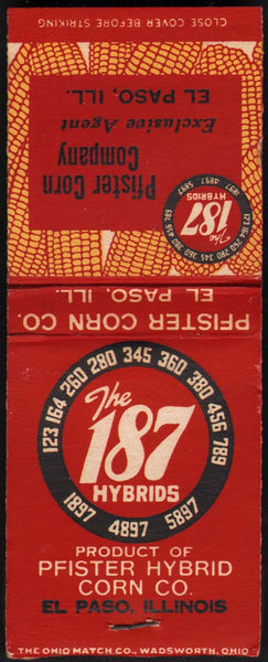 Vintage full matchbook THE 187 HYBRIDS Pfister Corn Company El Paso Illinois
