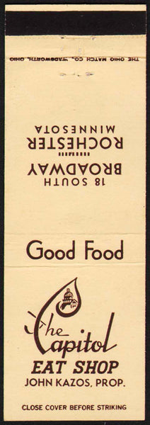 Vintage matchbook cover THE CAPITOL EAT SHOP dome pictured Kazos Rochester Minnesota