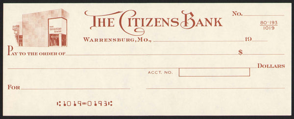 Vintage bank check THE CITIZENS BANK Warrensburg Missouri new old stock n-mint+
