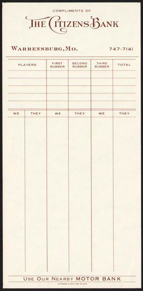 Vintage tally sheet THE CITIZENS BANK Warrensburg Missouri new old stock n-mint+