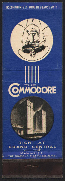 Vintage matchbook cover THE COMMODORE old hotel and man pictured New York
