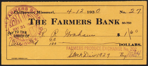 Vintage bank check THE FARMERS BANK dated 1930 Chilhowee Missouri excellent+