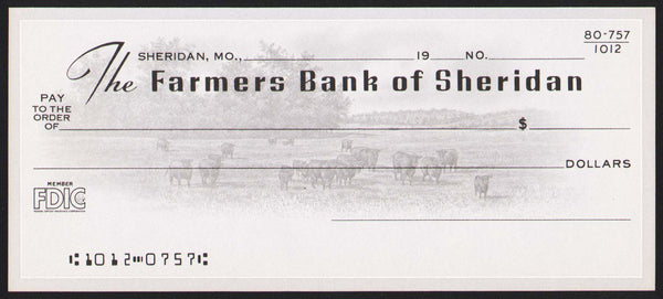 Vintage bank check THE FARMERS BANK of SHERIDAN Missouri sheep pictured n-mint+