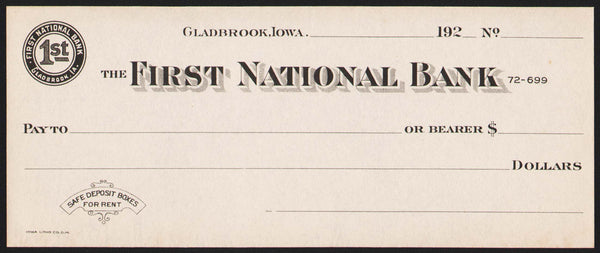 Vintage bank check THE FIRST NATIONAL BANK Gladbrook Iowa 1920s unused n-mint