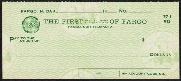 Vintage bank check THE FIRST NATIONAL BANK OF FARGO covered wagon North Dakota