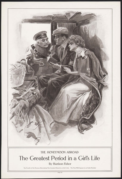 Vintage magazine ad THE HONEYMOON ABROAD from 1911 with Harrison Fisher artwork