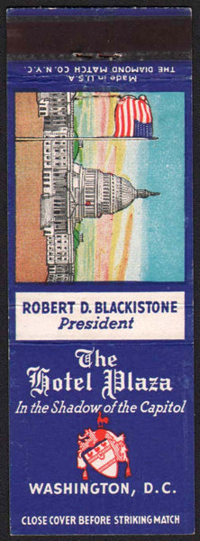 Vintage matchbook cover THE HOTEL PLAZA Blackstone capitol flag Washington DC