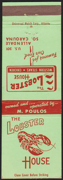 Vintage matchbook cover THE LOBSTER HOUSE lobster pictured Allendale South Carolina