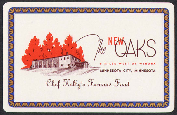 Vintage playing card THE NEW OAKS Chef Kellys Famous Food Minnesota City Minn