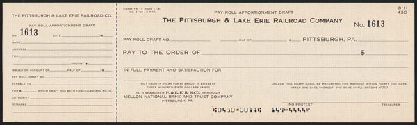 Vintage bank check THE PITTSBURGH and LAKE ERIE RAILROAD new old stock n-mint+