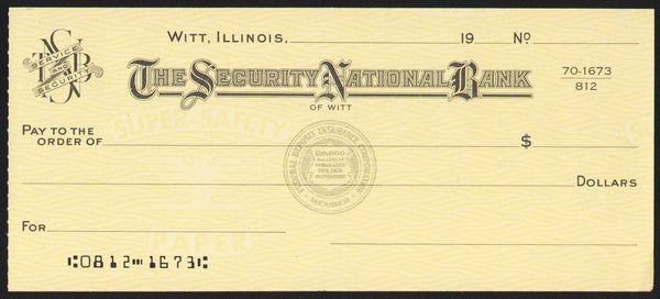 Vintage bank check THE SECURITY NATIONAL BANK Witt Illinois new old stock n-mint+