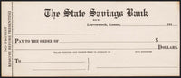 Vintage bank check THE STATE SAVINGS BANK Leavenworth Kansas 1910s unused n-mint