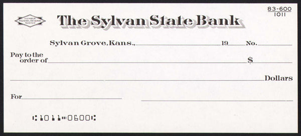 Vintage bank check THE SYLVAN STATE BANK Sylvan Grove Kansas new old stock n-mint+