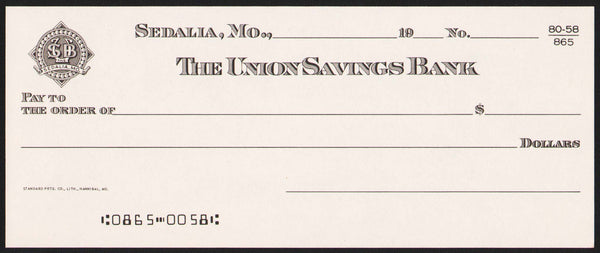 Vintage bank check THE UNION SAVINGS BANK Sedalia Missouri new old stock n-mint+
