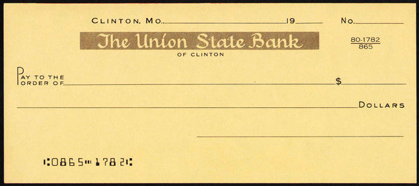 Vintage bank check THE UNION STATE BANK of Clinton Missouri #1 unused n-mint