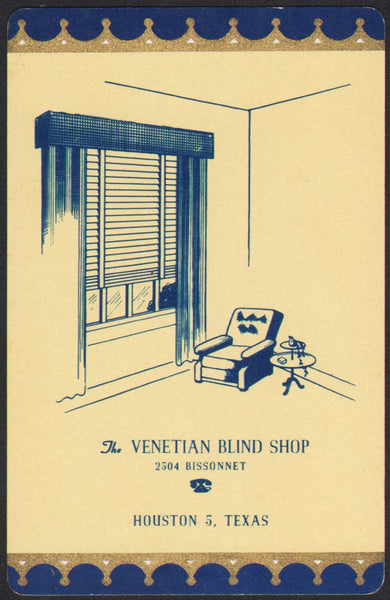 Vintage playing card THE VENETIAN BLIND SHOP blue border room pictured Houston Texas