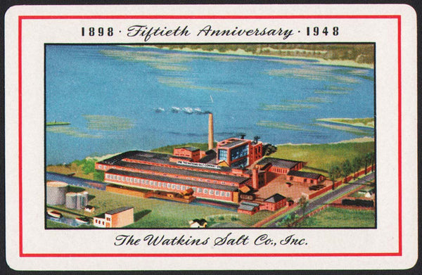 Vintage playing card THE WATKINS SALT CO red border factory Fiftieth Anniversary 1948