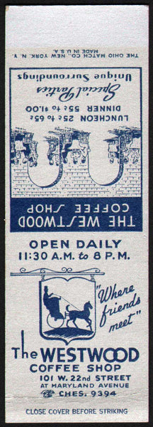 Vintage matchbook cover THE WESTWOOD COFFEE SHOP Baltimore MD salesman sample