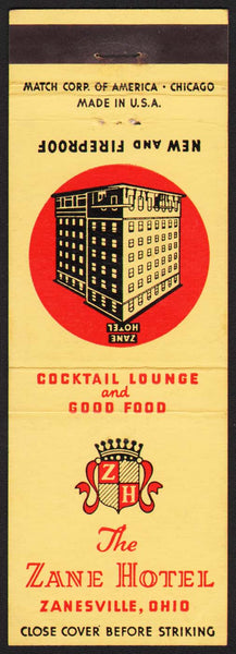 Vintage matchbook cover THE ZANE HOTEL Zanesville Ohio picturing the old hotel