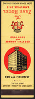 Vintage matchbook cover THE ZANE HOTEL Zanesville Ohio picturing the old hotel