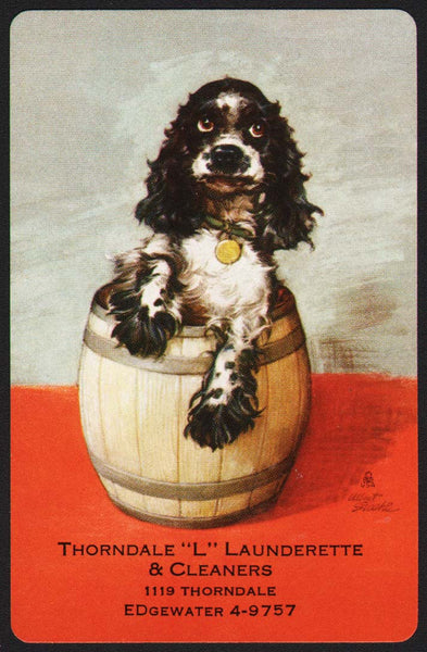 Vintage playing card THORNDALE L LAUNDERETTE Butch dog in barrel Staehle Chicago