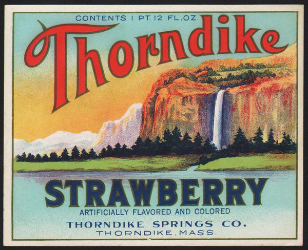 Vintage soda pop bottle label THORNDIKE STRAWBERRY waterfall pictured Massachusetts