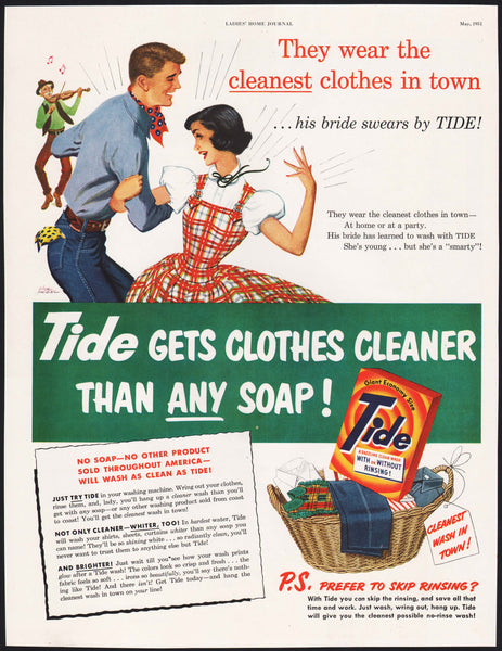Vintage magazine ad TIDE detergent 1951 couple square dancing Dink Siegel art