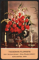 Vintage playing card TIEDEMAN FLORISTS roses floral arrangement Burlington Iowa