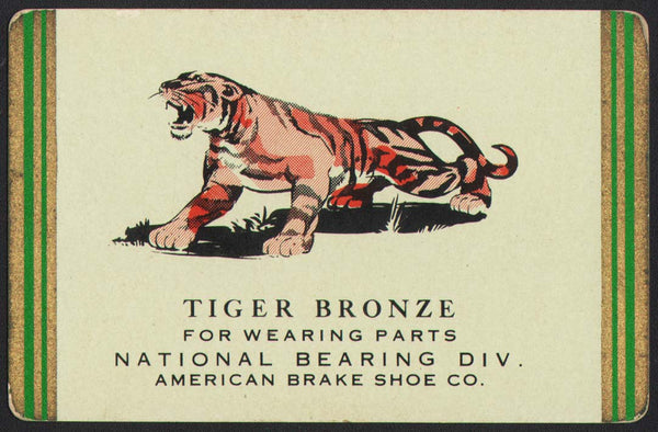 Vintage playing card TIGER BRONZE green cat pictured National Bearing American Brake