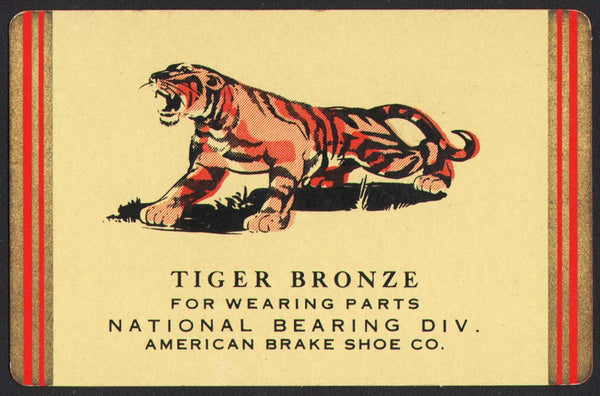 Vintage playing card TIGER BRONZE yellow cat pictured National Bearing American Brake