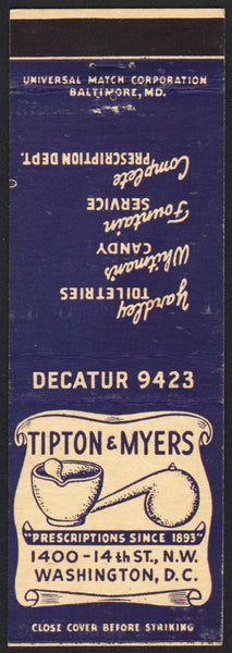 Vintage matchbook cover TIPTON and MYERS Prescriptions mortar and pestle Washington DC