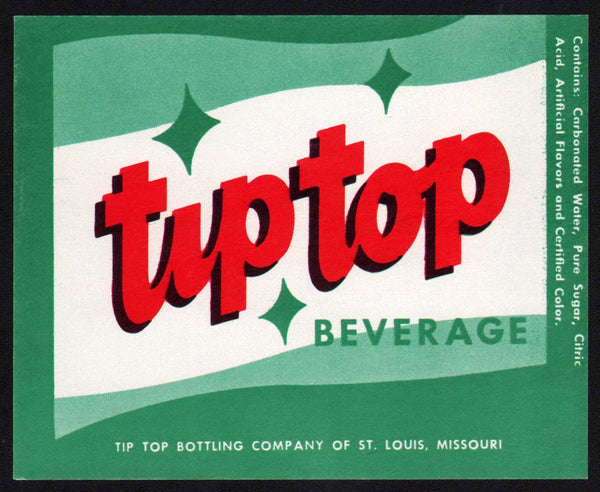 Vintage soda pop bottle label TIP TOP BEVERAGES St Louis Missouri new old stock