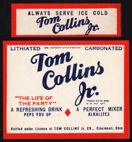 Vintage soda pop bottle label TOM COLLINS JR Lithiated Cincinnati Ohio n-mint