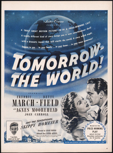 Vintage magazine ad TOMORROW THE WORLD movie from 1945 Fredric March Betty Field