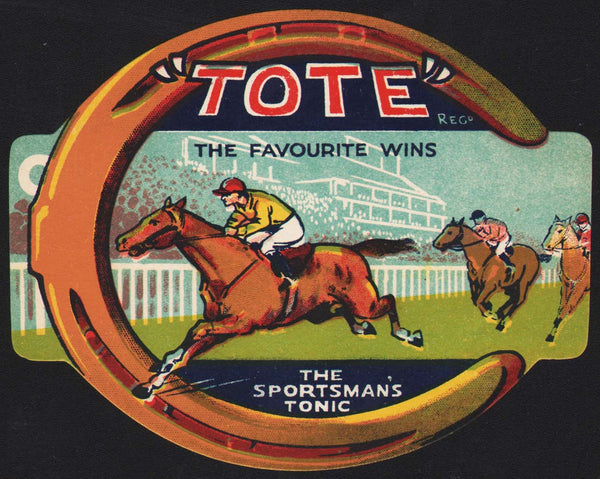 Vintage soda pop bottle label TOTE The Sportsmans Tonic picturing horse racing