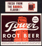 Vintage soda pop bottle label TOWER ROOT BEER Arlington Mass new old stock n-mint+