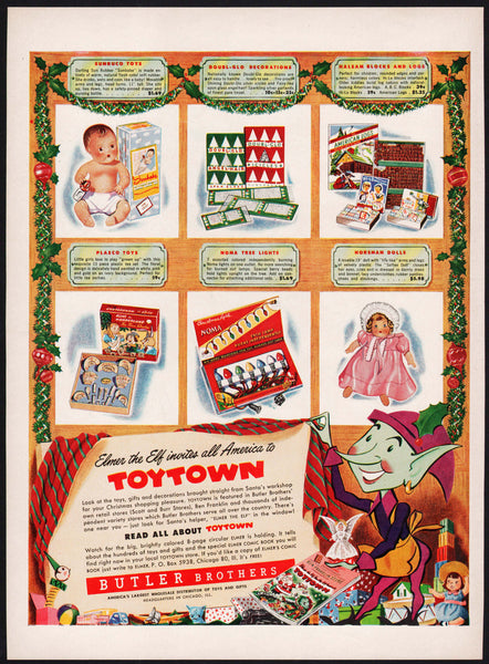 Vintage magazine ad TOYTOWN from 1949 Elmer the Elf and toys pictured Butler Brothers