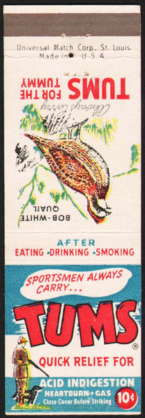 Vintage matchbook cover TUMS For The Tummy hunter and Bob White Quail pictured