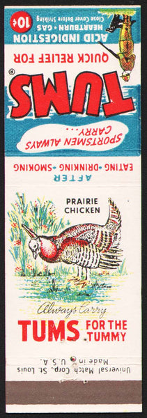 Vintage matchbook cover TUMS For The Tummy hunter and Prairie Chicken pictured