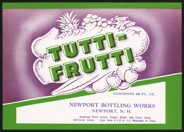 Vintage soda pop bottle label TUTTI-FRUTTI 26oz Newport Bottling New Hampshire