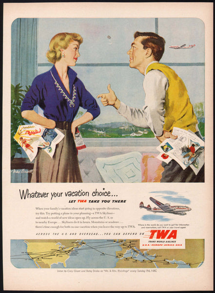 Vintage magazine ad TWA AIRPLANES 1951 Ward Brackett signed art of couple