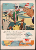 Vintage magazine ad TWA AIRLINES from 1951 picturing grandma arriving by plane
