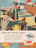 Vintage magazine ad TWA AIRLINES from 1951 picturing grandma arriving by plane