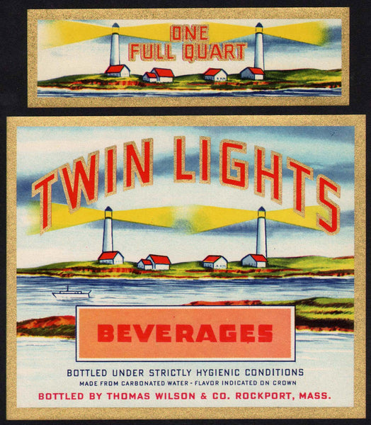 Vintage soda pop bottle label TWIN LIGHTS BEVERAGES lighthouses pictured Rockport MA