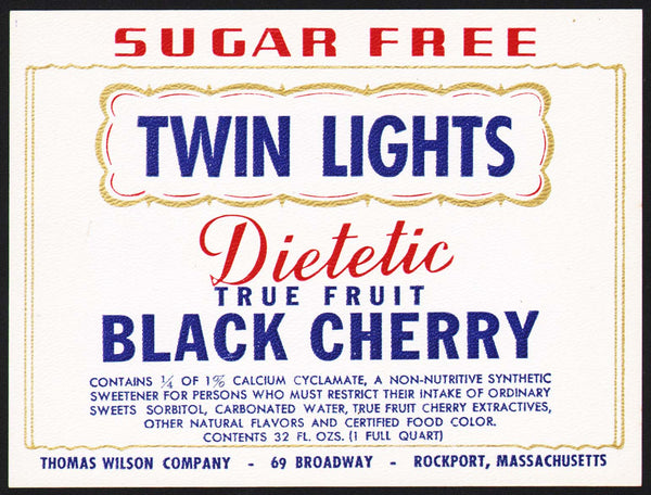 Vintage soda pop bottle label TWIN LIGHTS BLACK CHERRY Rockport Mass n-mint+