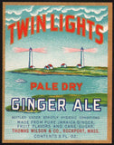 Vintage soda pop bottle label TWIN LIGHTS GINGER ALE lighthouses Rockport Mass