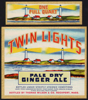 Vintage soda pop bottle label TWIN LIGHTS GINGER ALE lighthouses pictured quart Mass