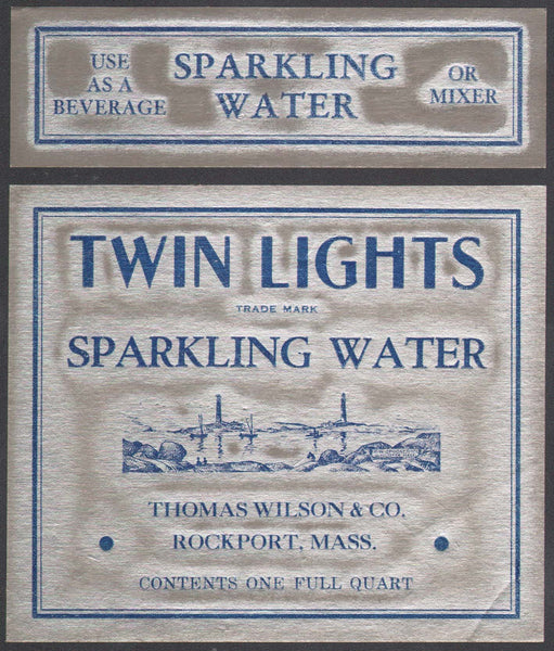Vintage soda pop bottle label TWIN LIGHTS SPARKLING WATER lighthouse Rockport MA
